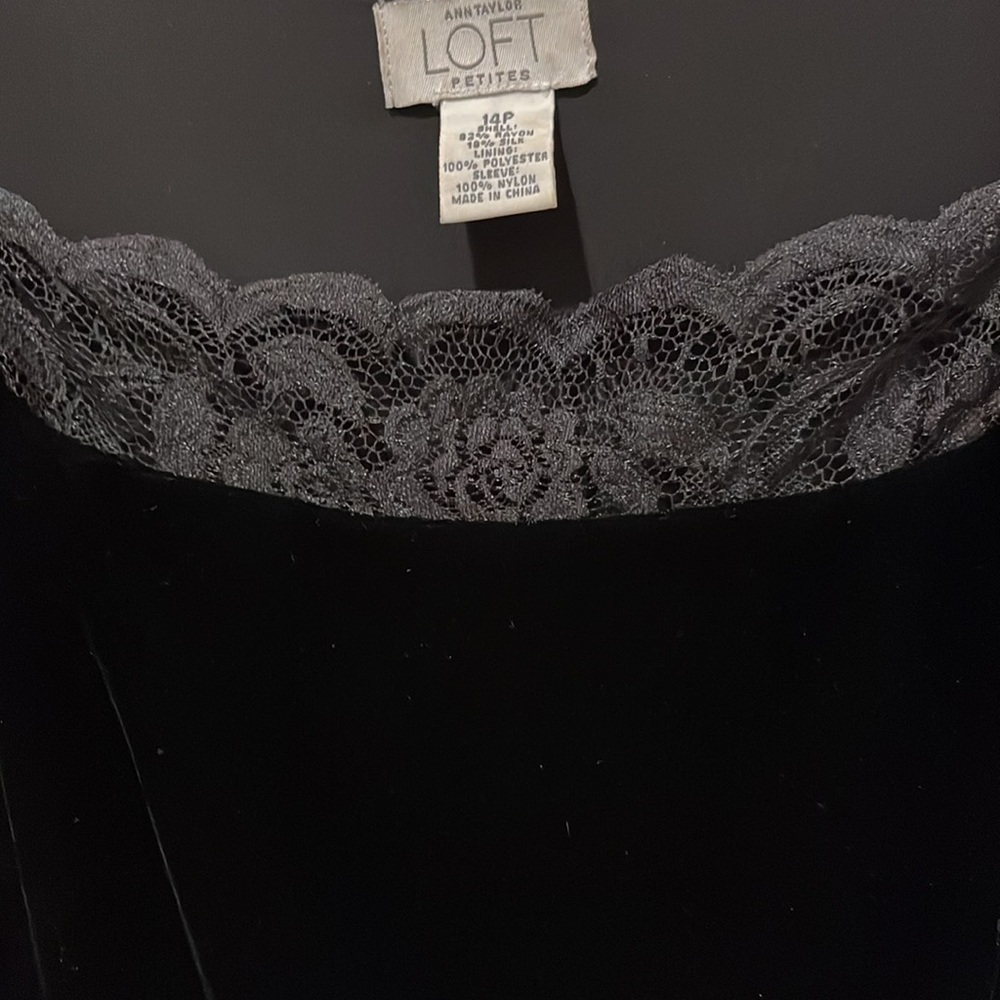 Ann Taylor Loft black velvet top with lace cap sleeves and bodice trim. - Picture 7 of 8